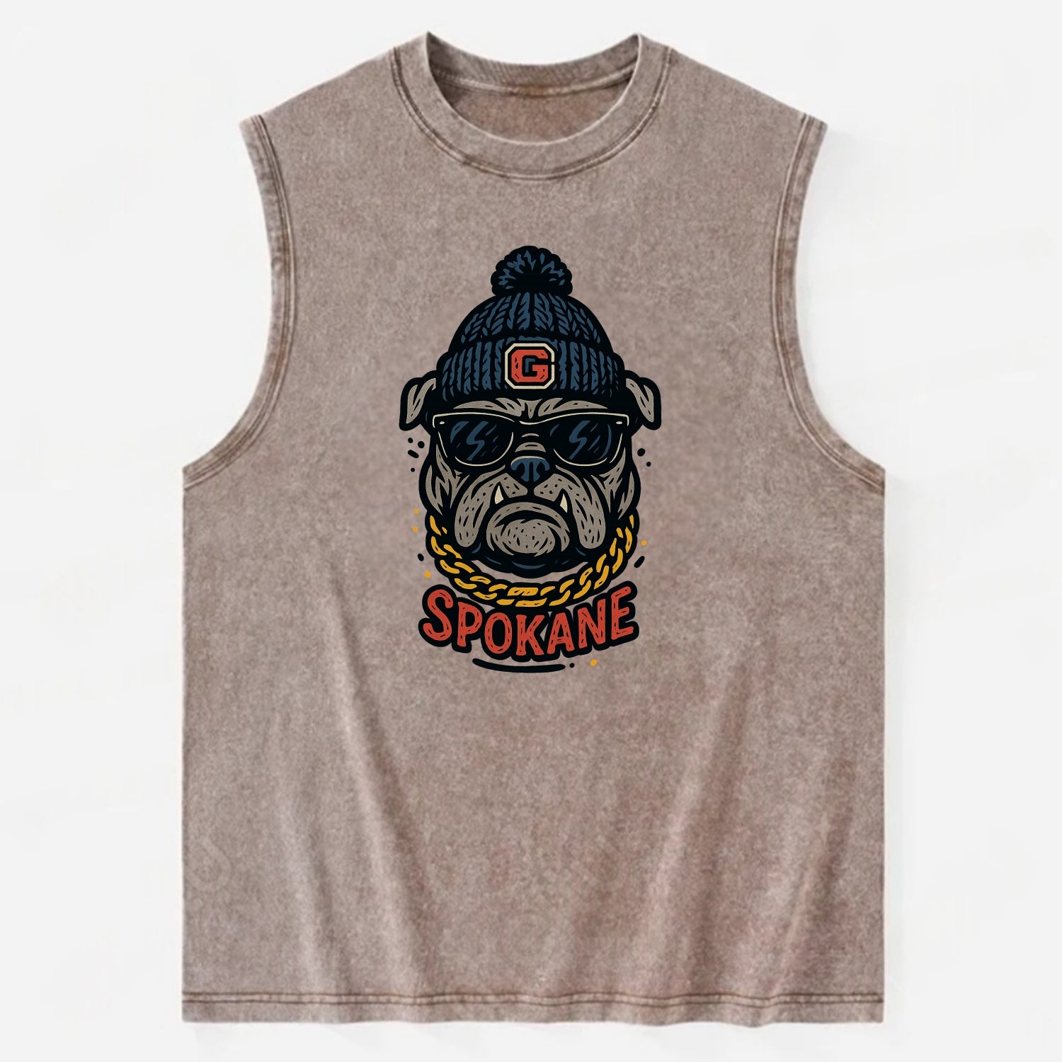 Spokane Bulldog wearing Gonzaga beanie with G patch - Vintage Washed Tank - Brown