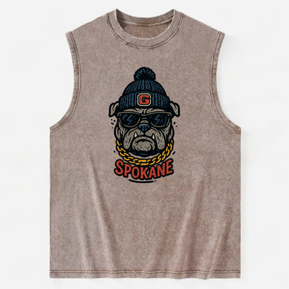 Spokane Bulldog wearing Gonzaga beanie with G patch - Vintage Washed Tank - Brown