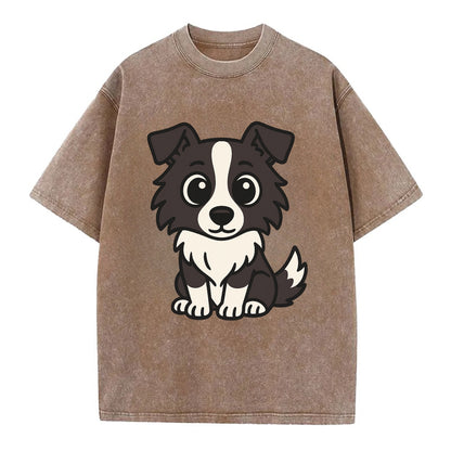 Border Collie - Intense stare sitting pose - Vintage T-shirt - Brown