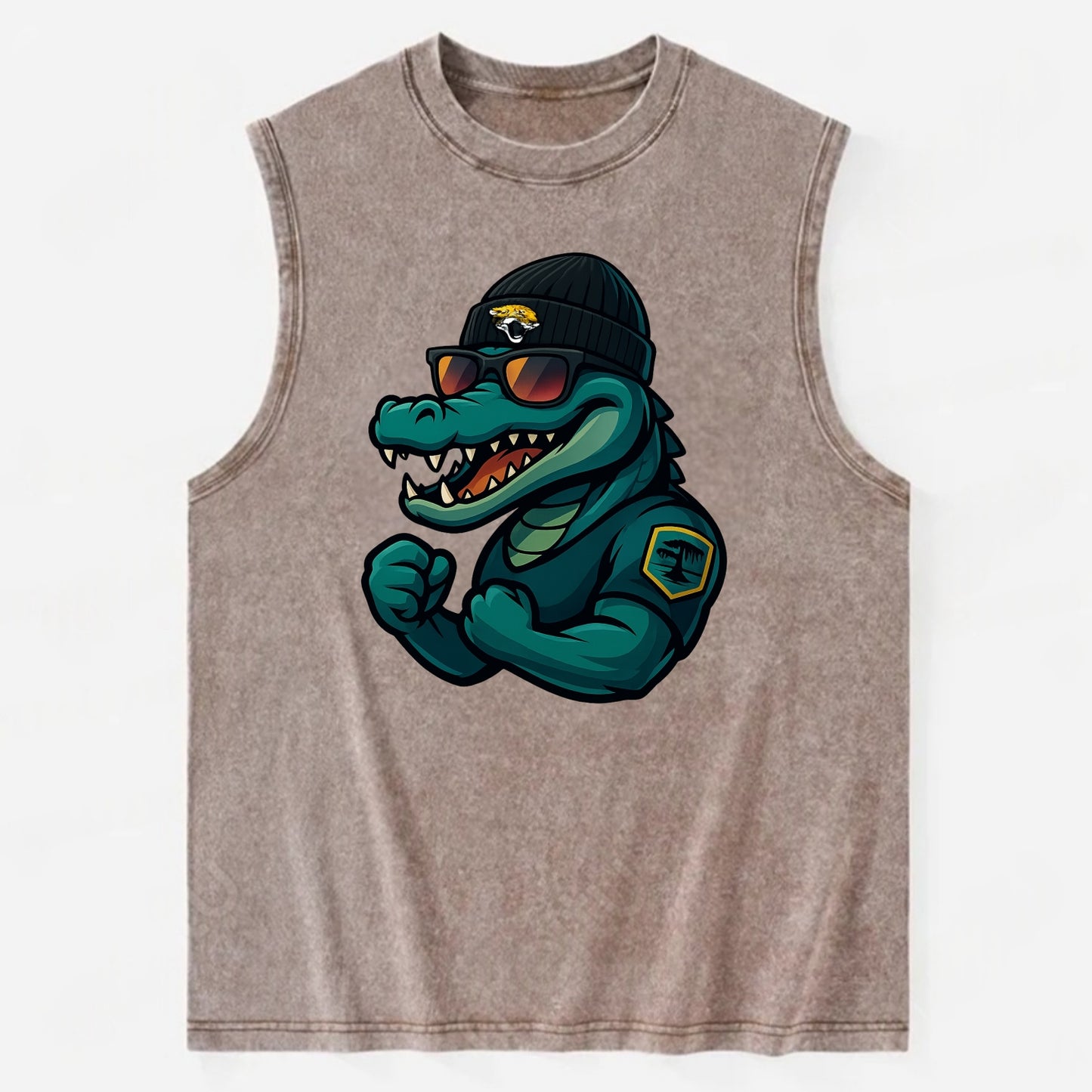Jacksonville Alligator wearing Jaguars beanie with swamp patch and wayfarer - Vintage Washed Tank - Brown