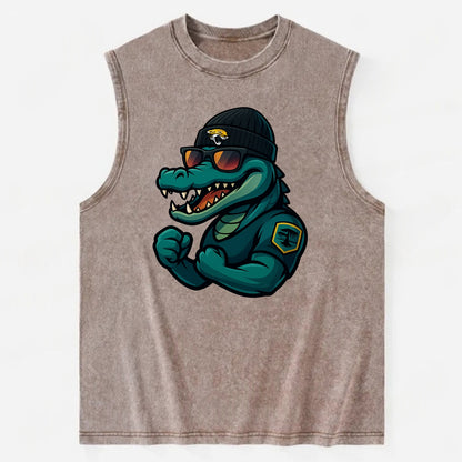 Jacksonville Alligator wearing Jaguars beanie with swamp patch and wayfarer - Vintage Washed Tank - Brown