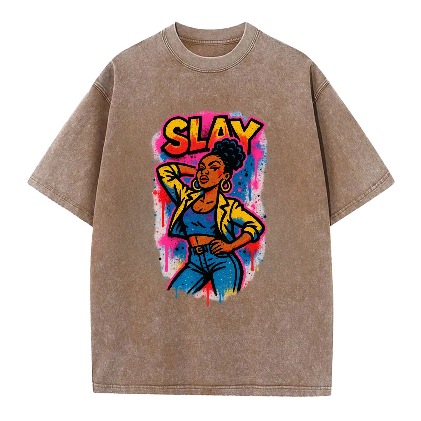 Empowered figure striking confident pose - "slay" culture, fierce and fabulous - Vintage T-shirt - Brown
