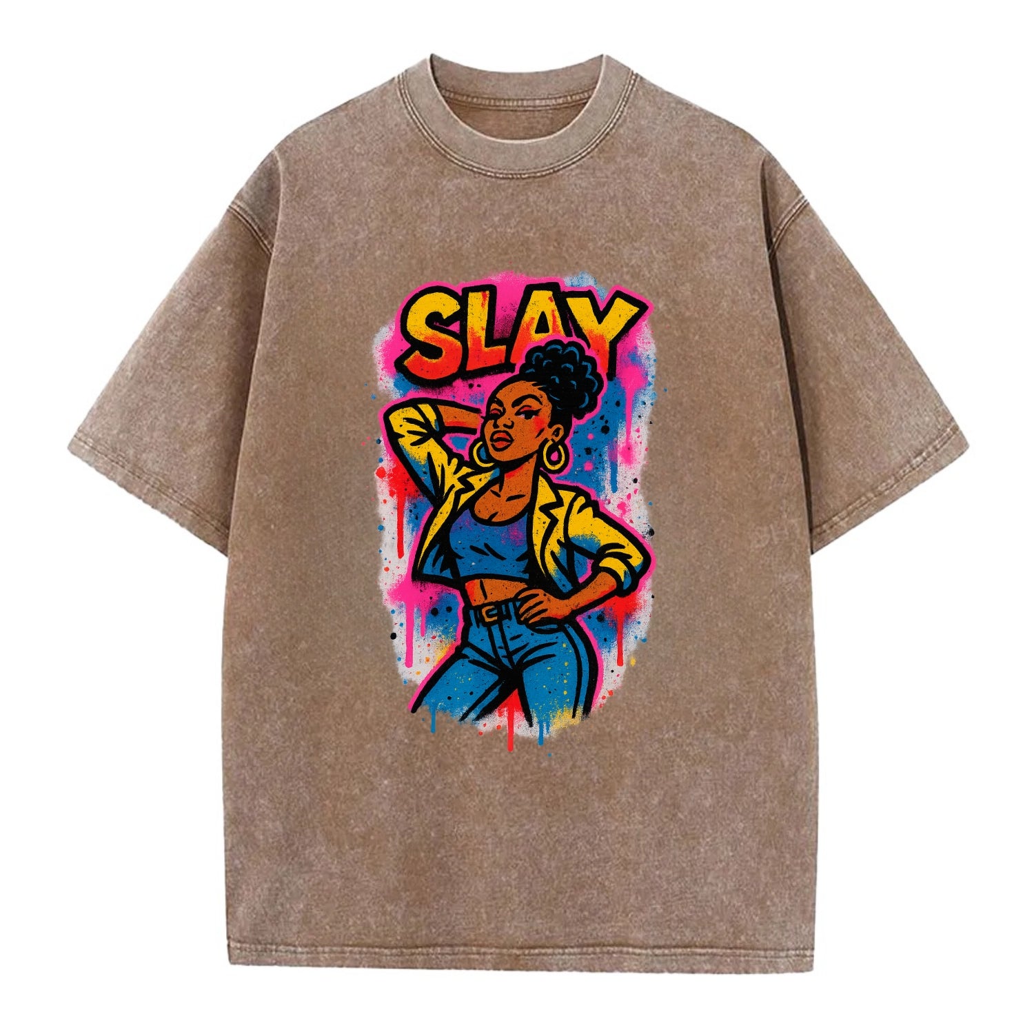 Empowered figure striking confident pose - "slay" culture, fierce and fabulous - Vintage T-shirt - Brown