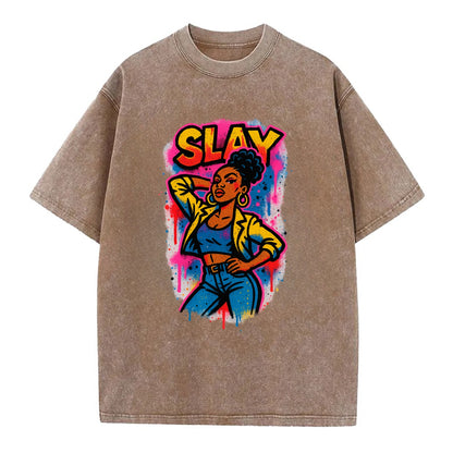 Empowered figure striking confident pose - "slay" culture, fierce and fabulous - Vintage T-shirt - Brown