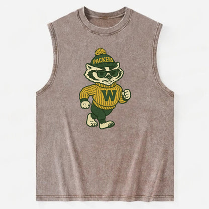 Wisconsin Badger wearing Packers green and gold beanie with pom pom and - Vintage Washed Tank - Brown