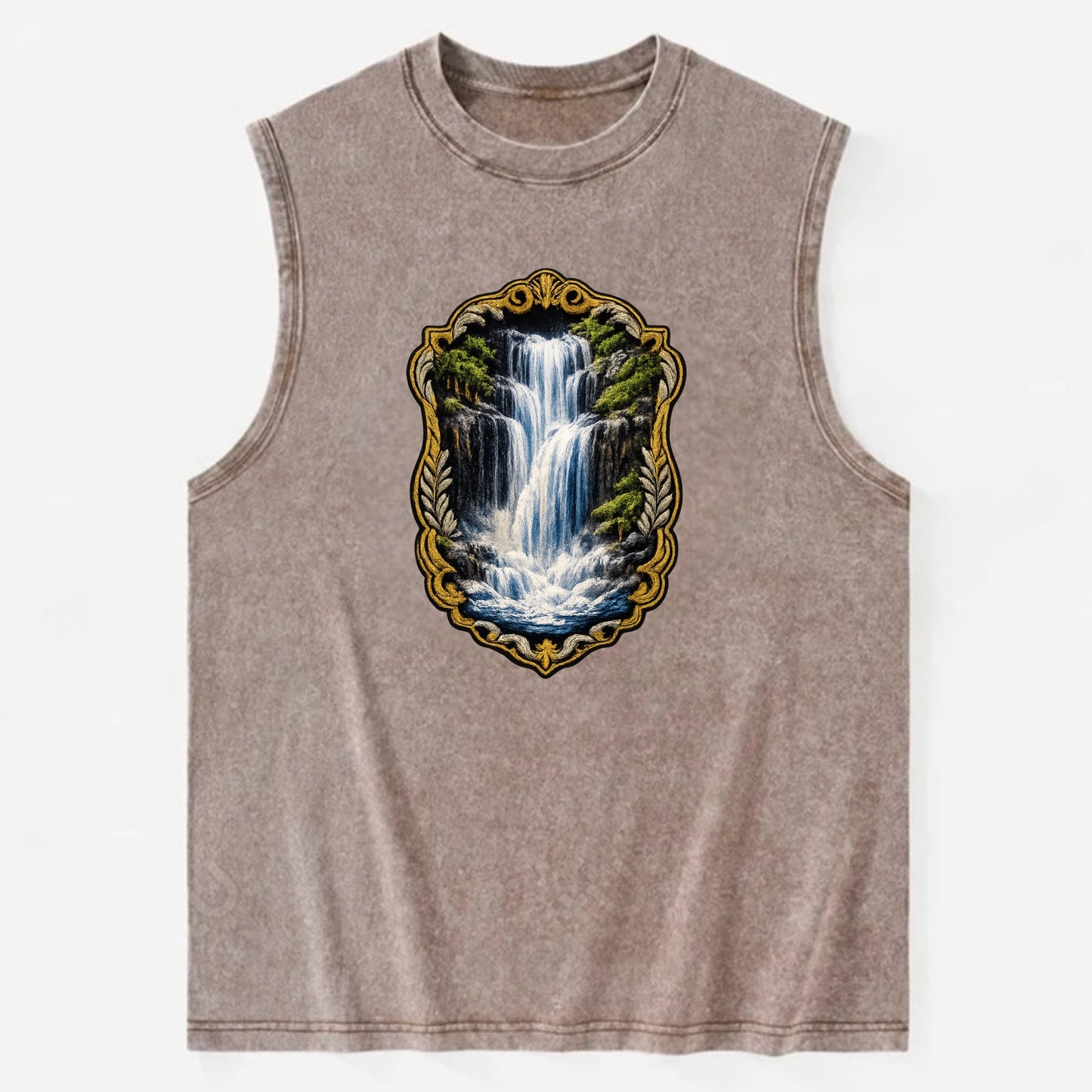 WATERFALL CASCADE - falling water with mist in blue and white , nature wonder - Vintage Washed Tank - Brown