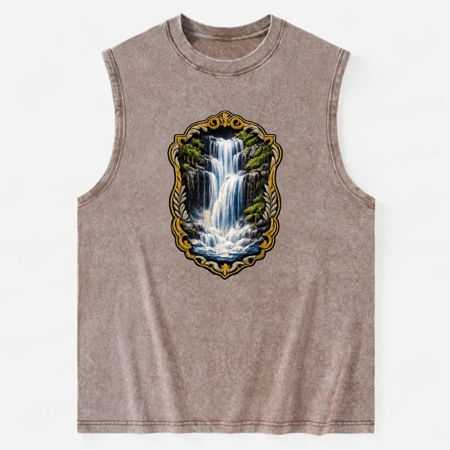 WATERFALL CASCADE - falling water with mist in blue and white , nature wonder - Vintage Washed Tank - Brown