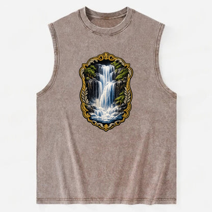 WATERFALL CASCADE - falling water with mist in blue and white , nature wonder - Vintage Washed Tank - Brown