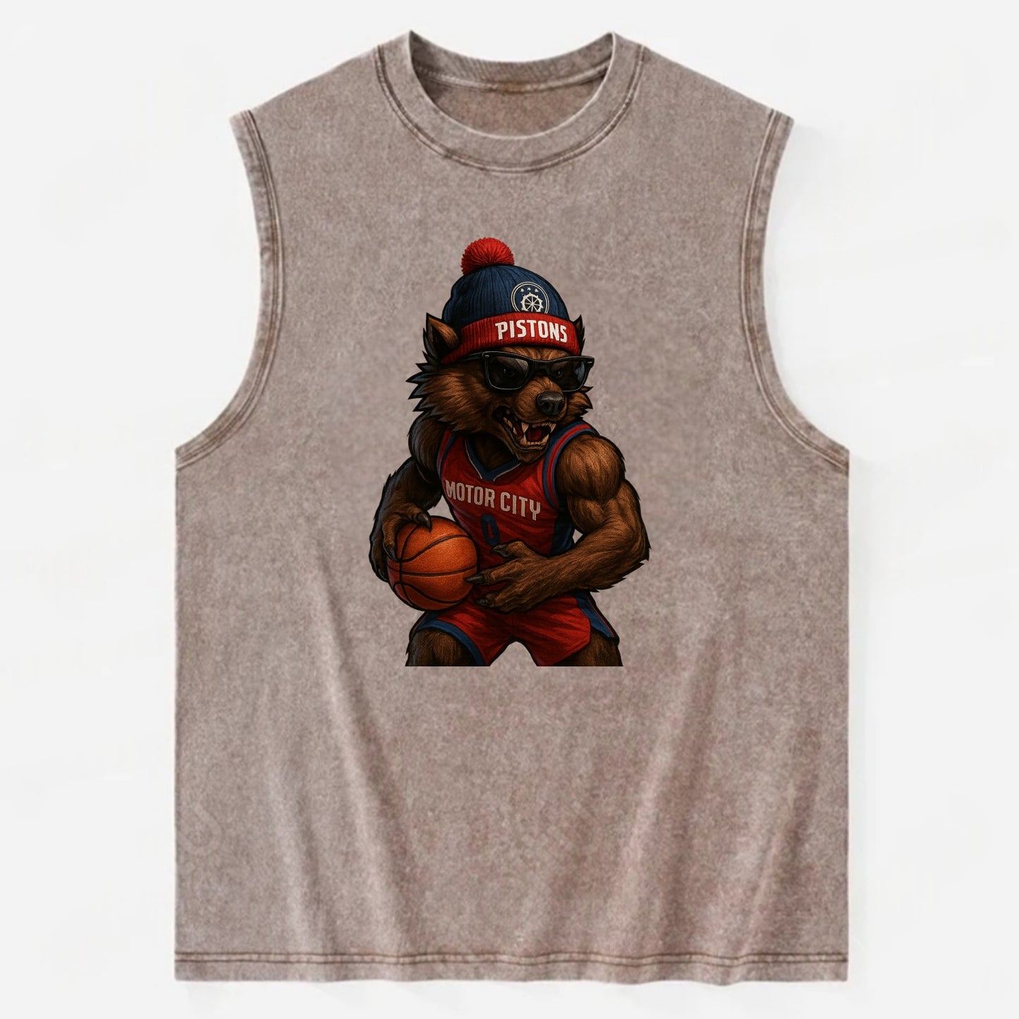 Motor City Wolverine wearing Pistons beanie with gear patch and wayfarer - Vintage Washed Tank - Brown