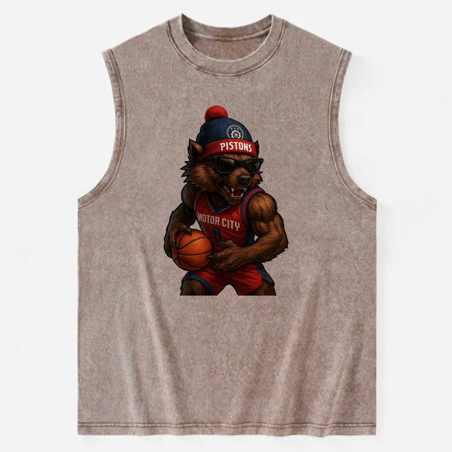 Motor City Wolverine wearing Pistons beanie with gear patch and wayfarer - Vintage Washed Tank - Brown