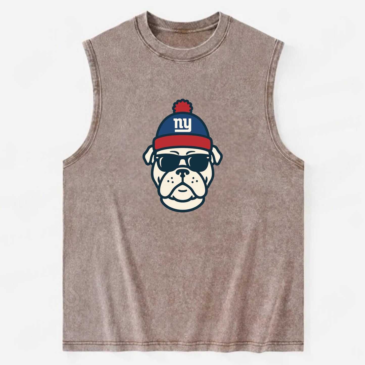 New York Bulldog wearing Giants blue and red beanie with pom pom and wayfarer - Vintage Washed Tank - Brown