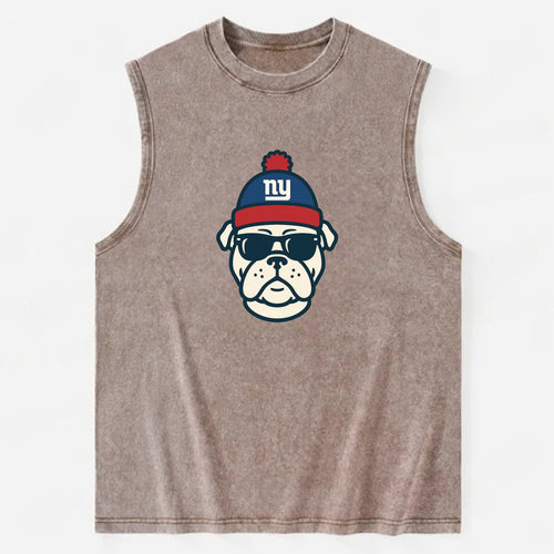 New York Bulldog wearing Giants blue and red beanie with pom pom and wayfarer - Vintage Washed Tank