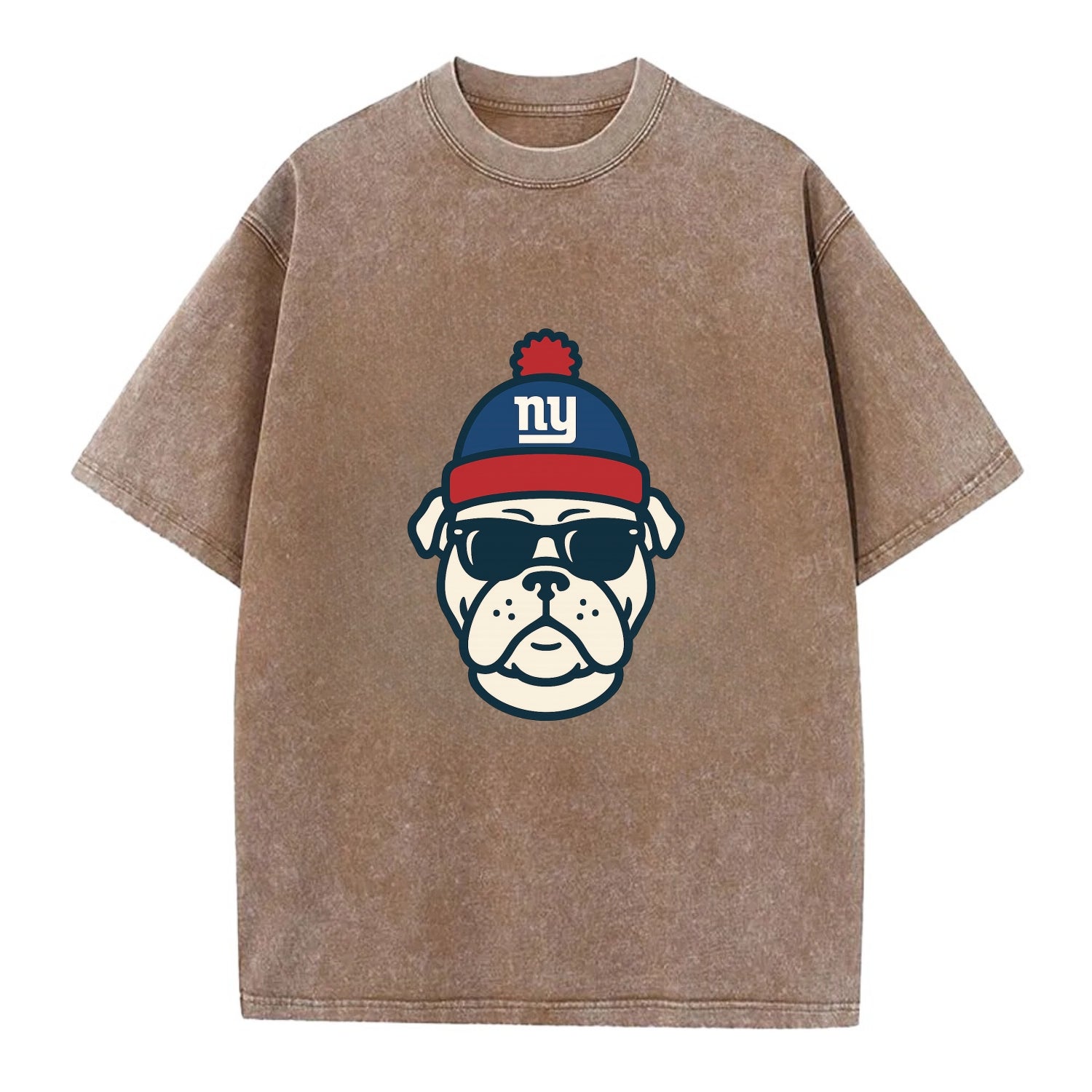 New York Bulldog wearing Giants blue and red beanie with pom pom and wayfarer - Vintage T-shirt - Brown