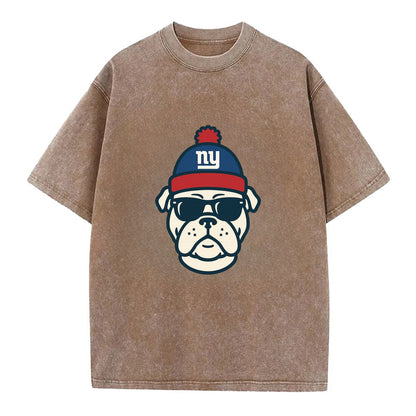 New York Bulldog wearing Giants blue and red beanie with pom pom and wayfarer - Vintage T-shirt - Brown