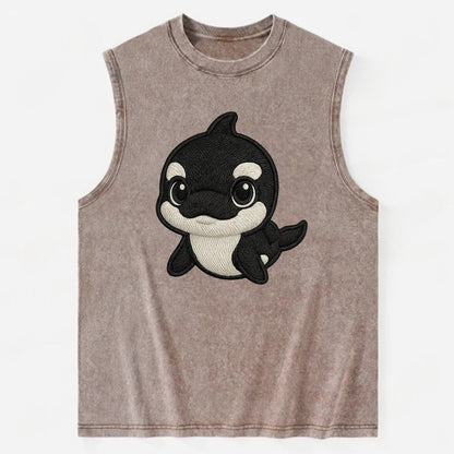 Baby Orca - black and white pattern, white eye patch, front-facing, curious - Vintage Washed Tank - Brown