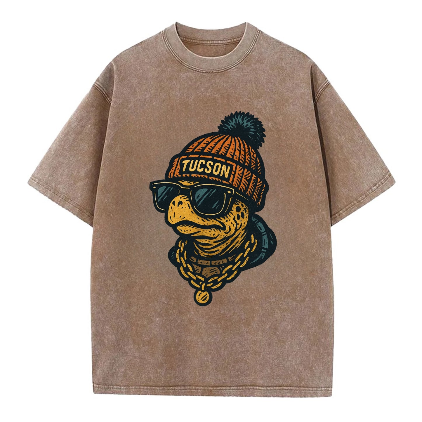 Tucson Desert Tortoise wearing Tucson beanie with pom pom and wayfarer sunglasses - Vintage T-shirt - Brown