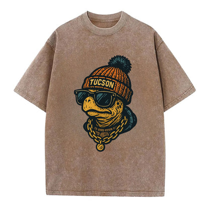 Tucson Desert Tortoise wearing Tucson beanie with pom pom and wayfarer sunglasses - Vintage T-shirt - Brown