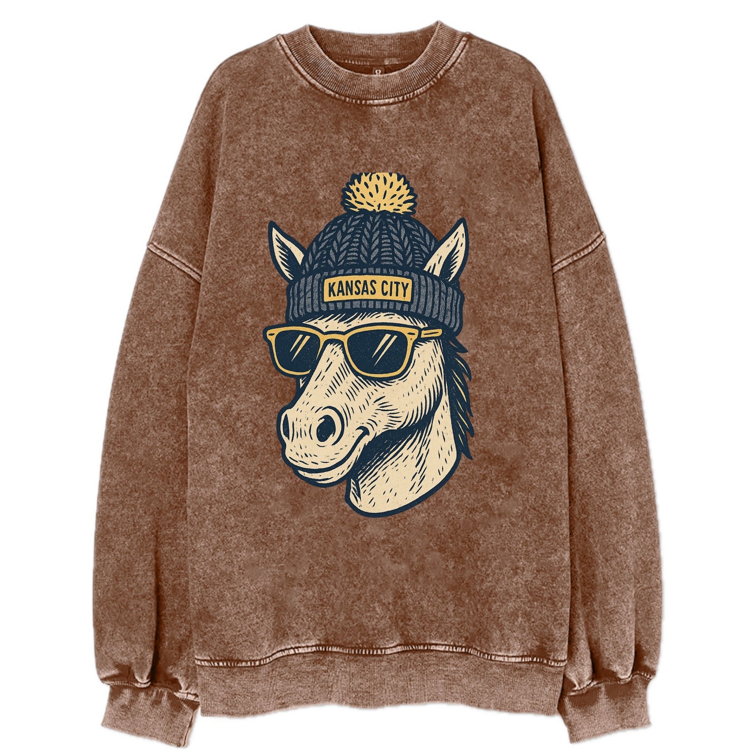Missouri Mule wearing Kansas City beanie with pom pom and wayfarer sunglasses - Vintage Sweatshirt - Brown