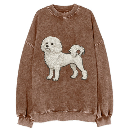 Löwchen - Little Lion Dog white embroidered pose - Vintage Sweatshirt - Brown