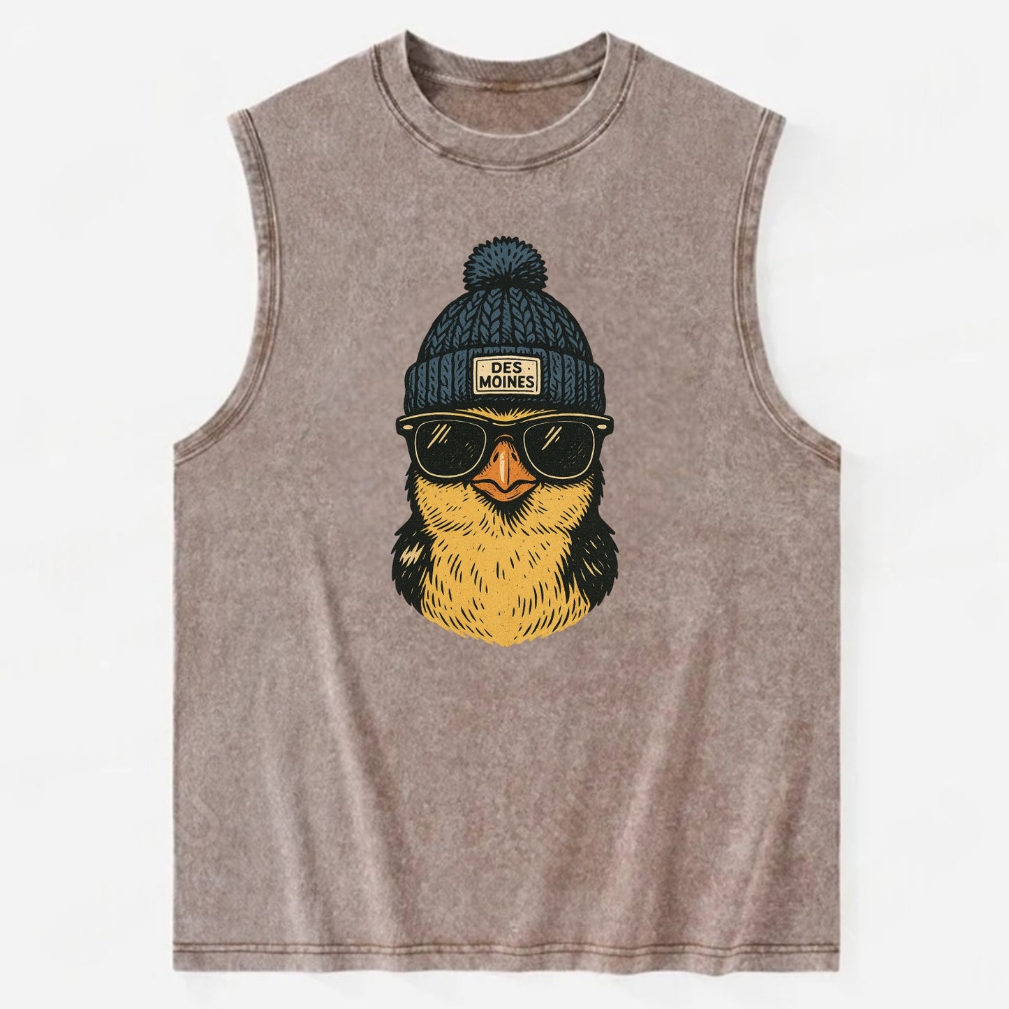 Iowa Goldfinch wearing Des Moines beanie with pom pom and wayfarer sunglasses - Vintage Washed Tank - Brown
