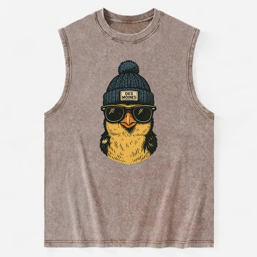 Iowa Goldfinch wearing Des Moines beanie with pom pom and wayfarer sunglasses - Vintage Washed Tank