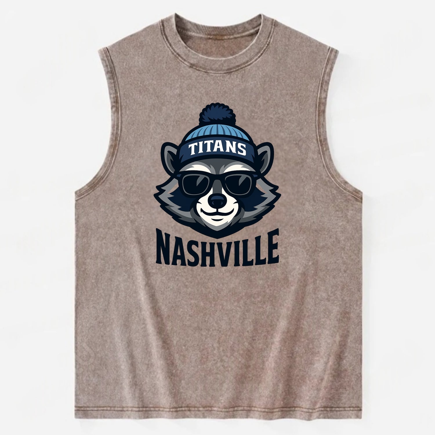 Nashville Raccoon wearing Titans navy and light blue beanie with pom pom and - Vintage Washed Tank - Brown