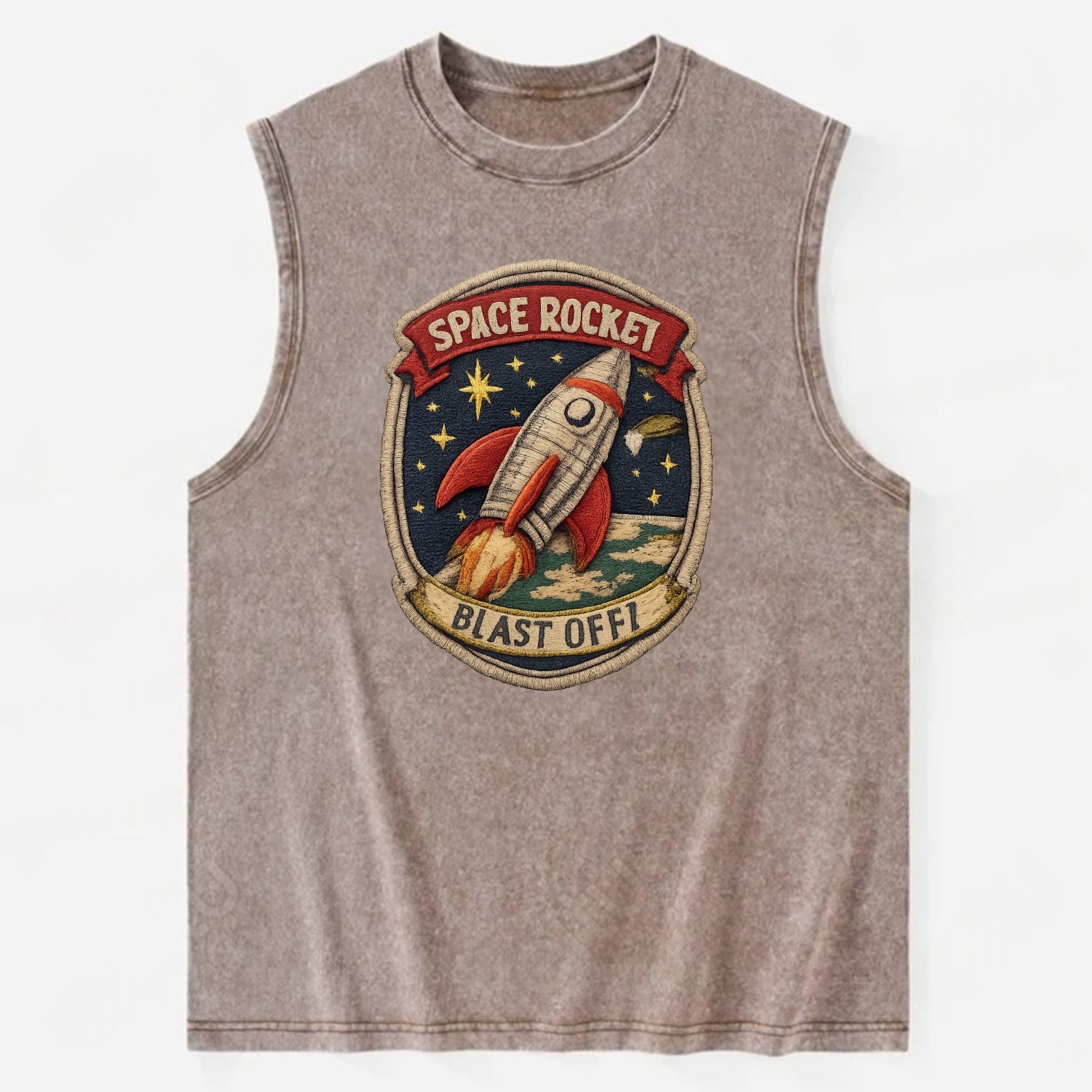 RETRO ROCKET - 1950s space rocket in silver and red , atomic age - Vintage Washed Tank - Brown