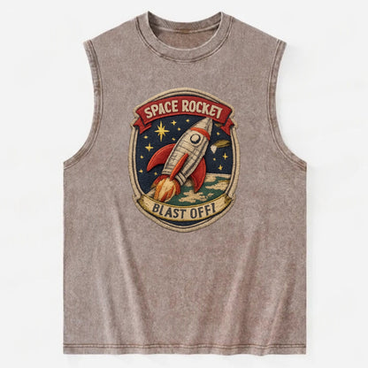 RETRO ROCKET - 1950s space rocket in silver and red , atomic age - Vintage Washed Tank - Brown