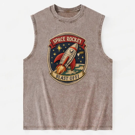 RETRO ROCKET - 1950s space rocket in silver and red , atomic age - Vintage Washed Tank - Brown