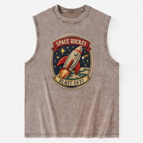 RETRO ROCKET - 1950s space rocket in silver and red , atomic age - Vintage Washed Tank