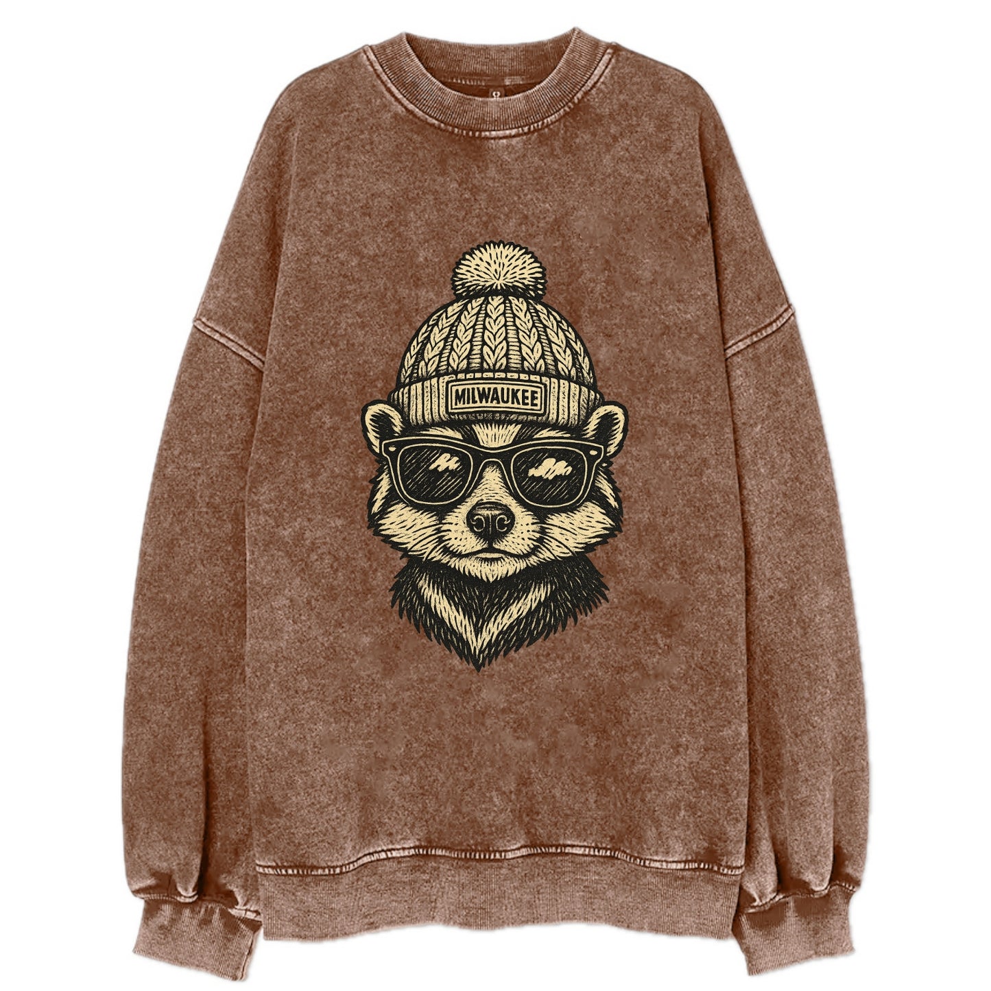 Wisconsin Badger wearing Milwaukee beanie with pom pom and wayfarer sunglasses - Vintage Sweatshirt - Brown