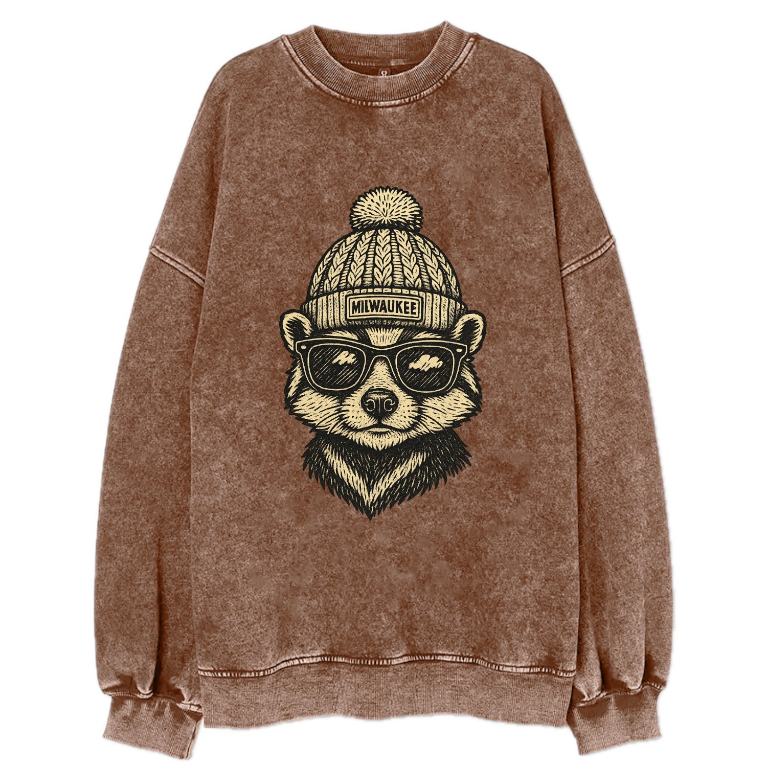 Wisconsin Badger wearing Milwaukee beanie with pom pom and wayfarer sunglasses - Vintage Sweatshirt - Brown
