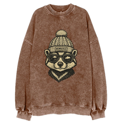 Wisconsin Badger wearing Milwaukee beanie with pom pom and wayfarer sunglasses - Vintage Sweatshirt - Brown
