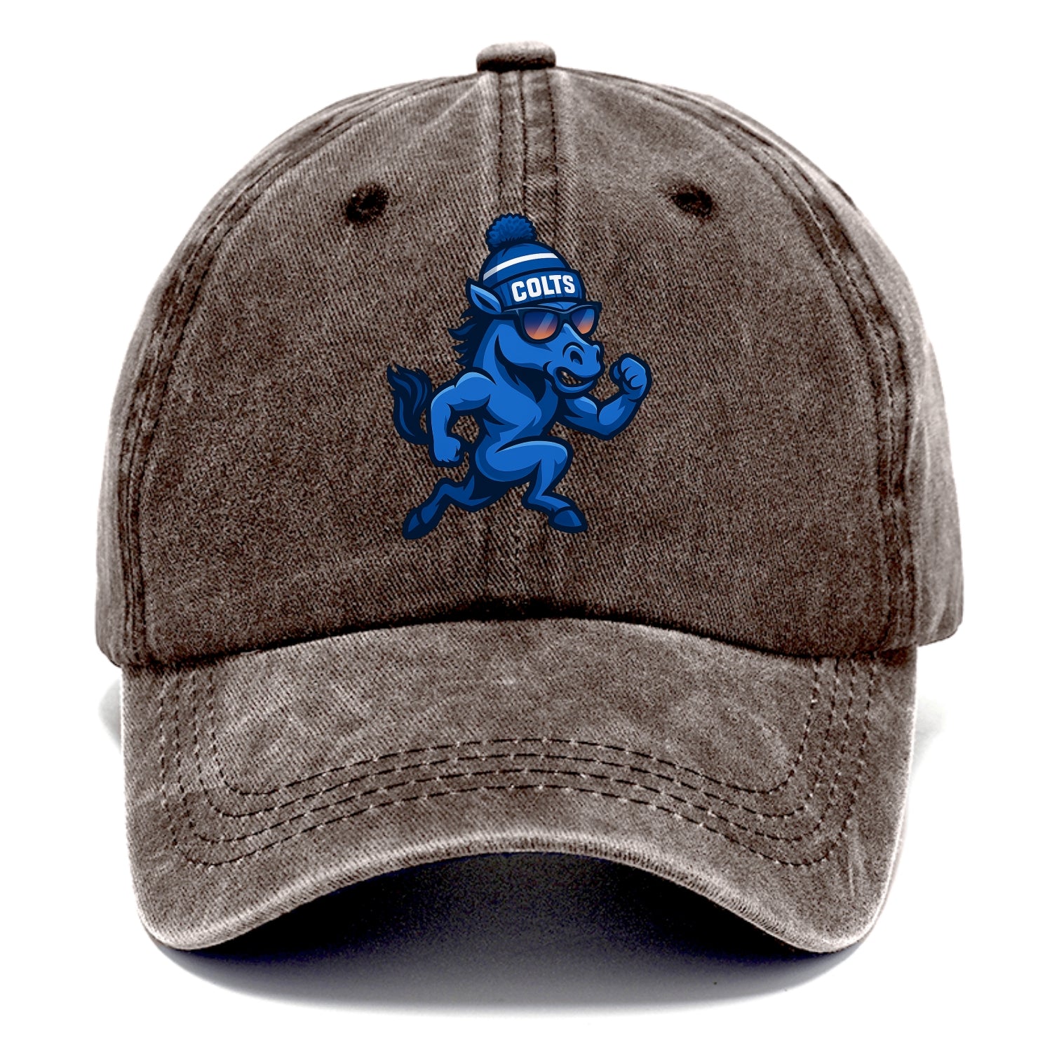 Indianapolis Colt Horse wearing Colts blue and white beanie with pom pom and wayfarer - Classic Cap - Brown