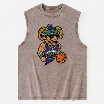 Utah Bighorn wearing Jazz beanie with mountain melody patch and wayfarer - Vintage Washed Tank - Brown