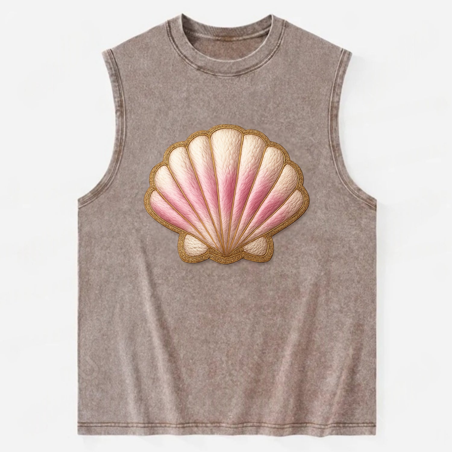SEASHELL SCALLOP - scallop shell in cream and pink , beach - Vintage Washed Tank - Brown
