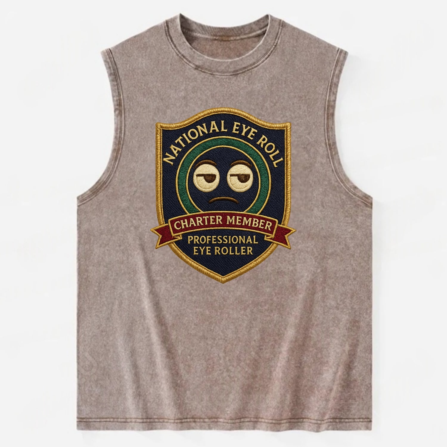 Crest with eye roll icon - "National Eye Roll Association - Charter Member" - - Vintage Washed Tank - Brown