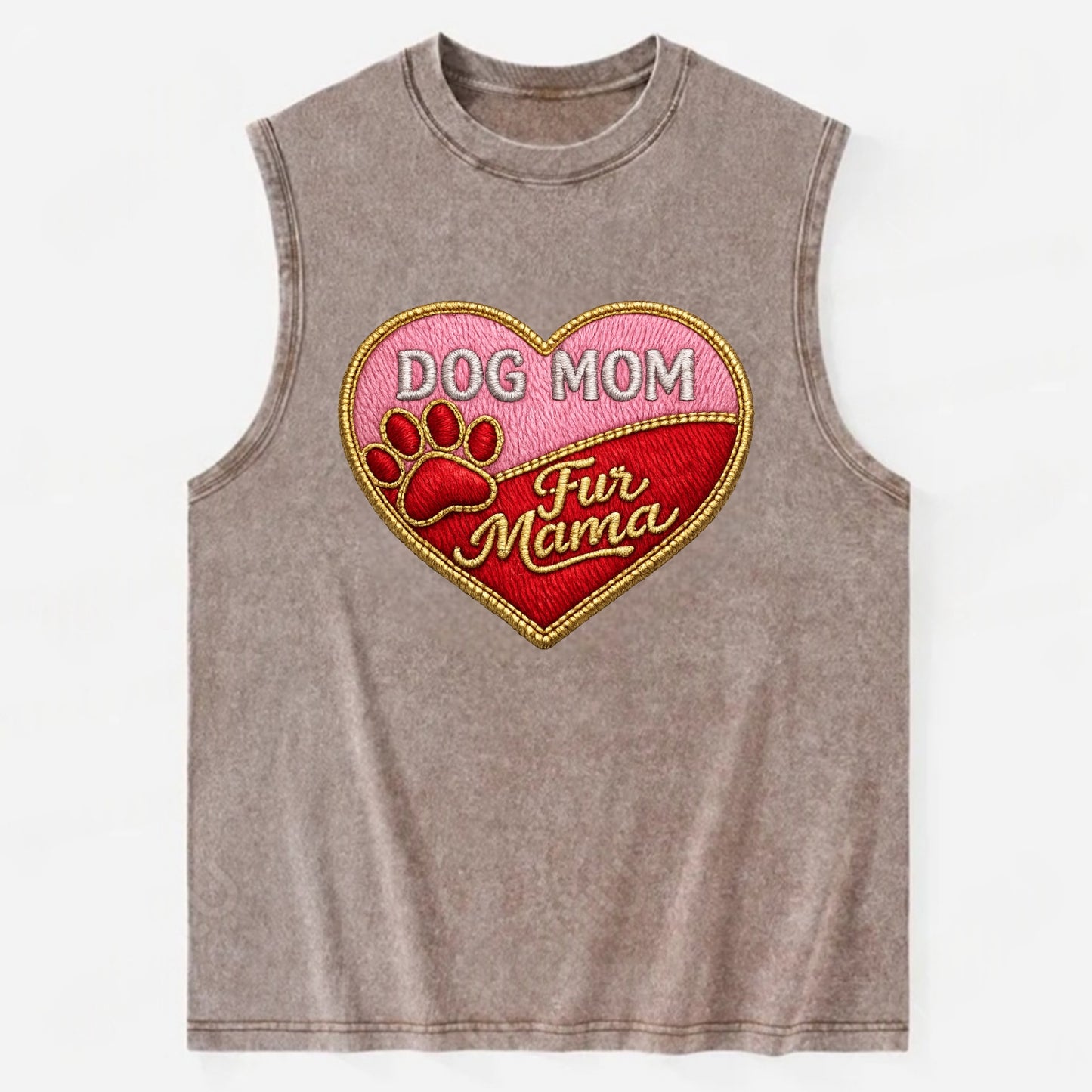 DOG MOM HEART - heart with paw print in pink and red , fur mama - Vintage Washed Tank - Brown
