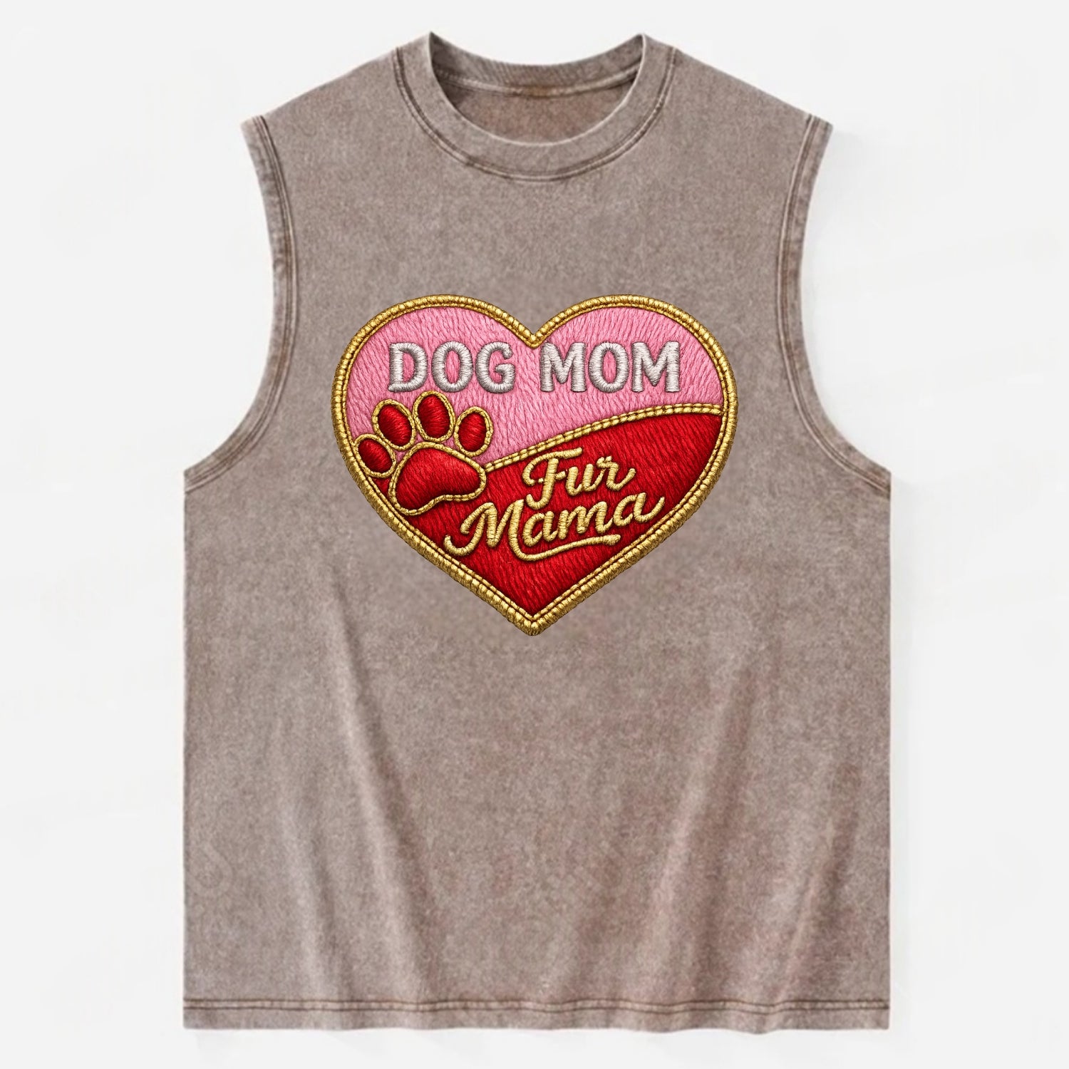 DOG MOM HEART - heart with paw print in pink and red , fur mama - Vintage Washed Tank - Brown