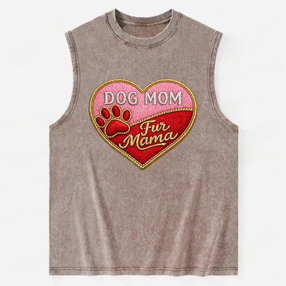 DOG MOM HEART - heart with paw print in pink and red , fur mama - Vintage Washed Tank - Brown