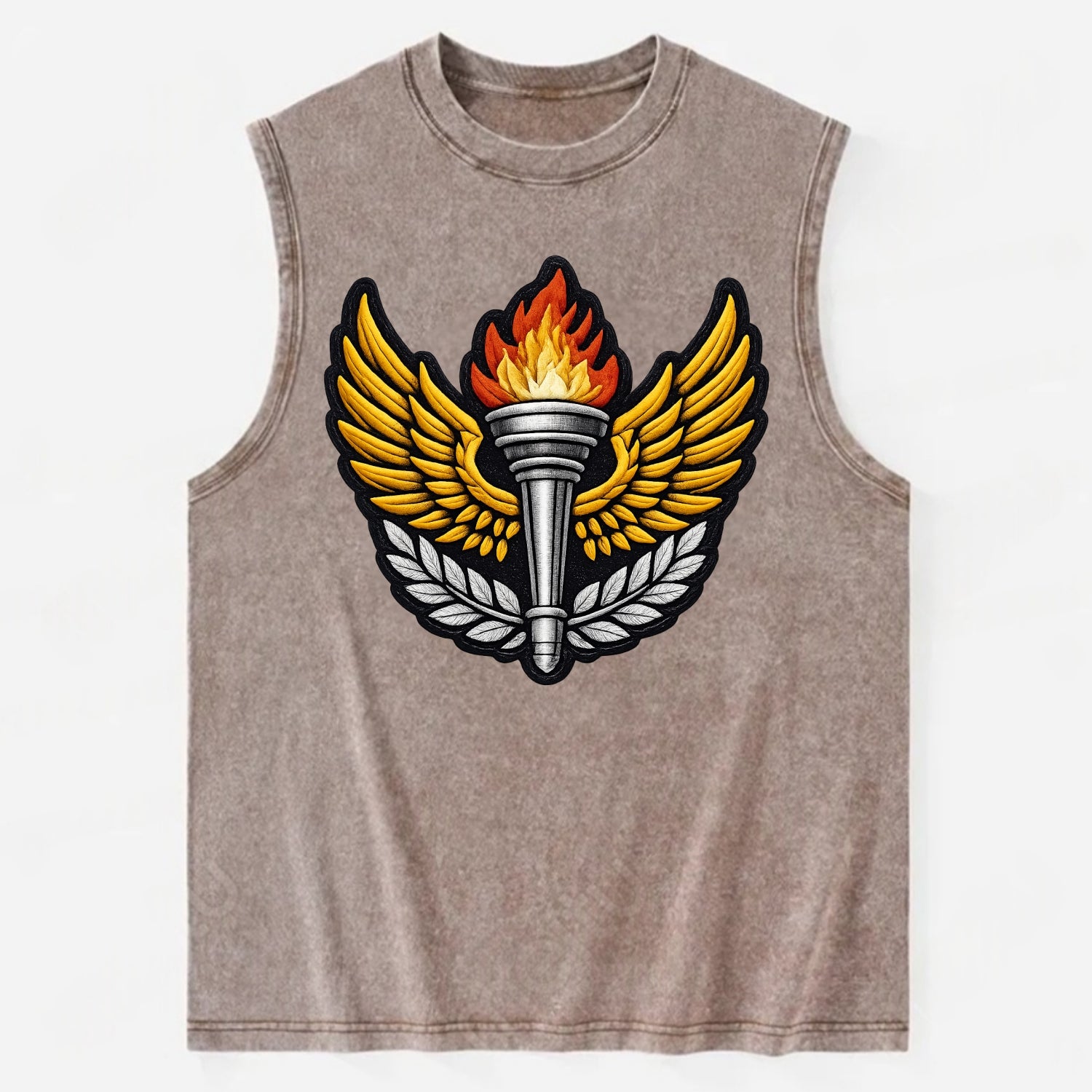 Embroidered patch design - TRACK AND FIELD TORCH - Olympic style torch with - Vintage Washed Tank - Brown