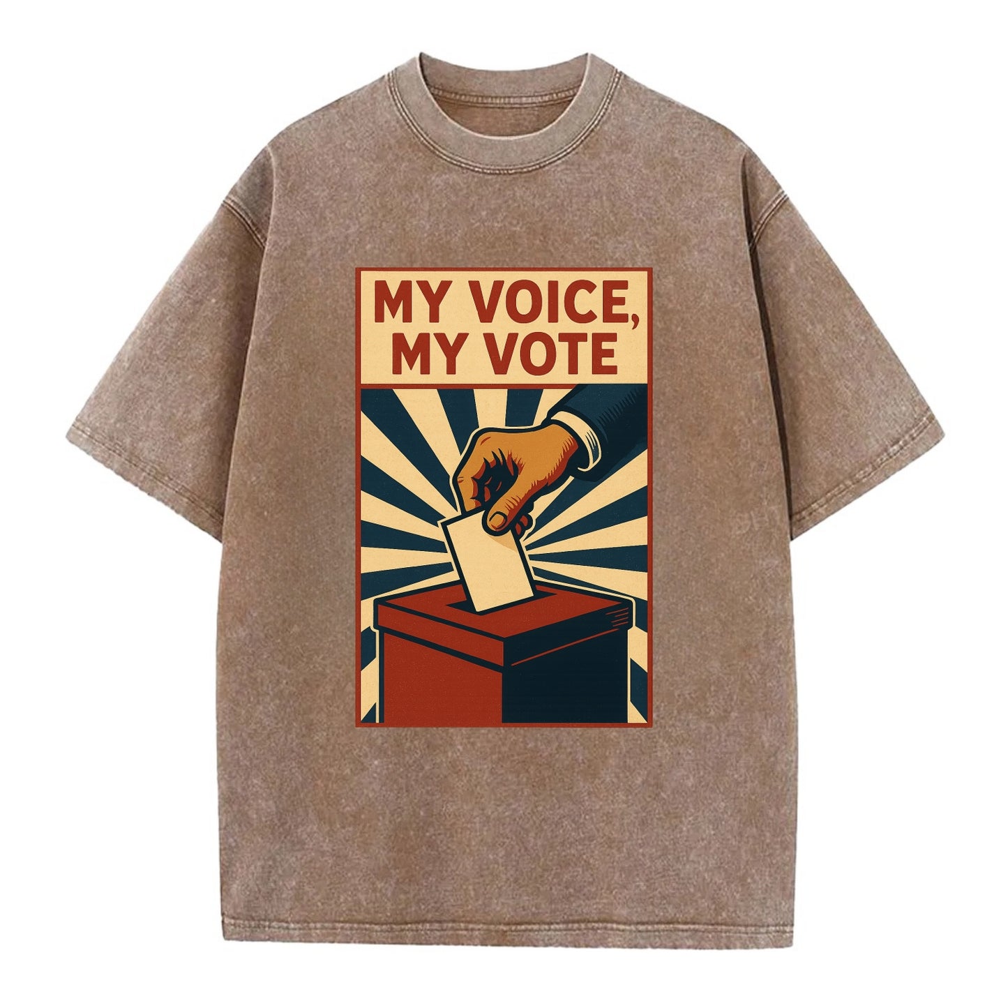 Hand dropping ballot into box with determination - "My Voice, My Vote" - - Vintage T-shirt - Brown