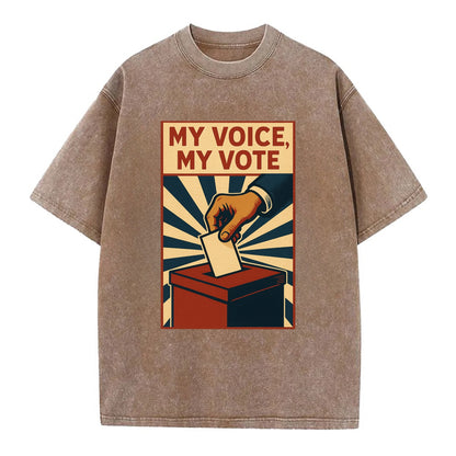 Hand dropping ballot into box with determination - "My Voice, My Vote" - - Vintage T-shirt - Brown