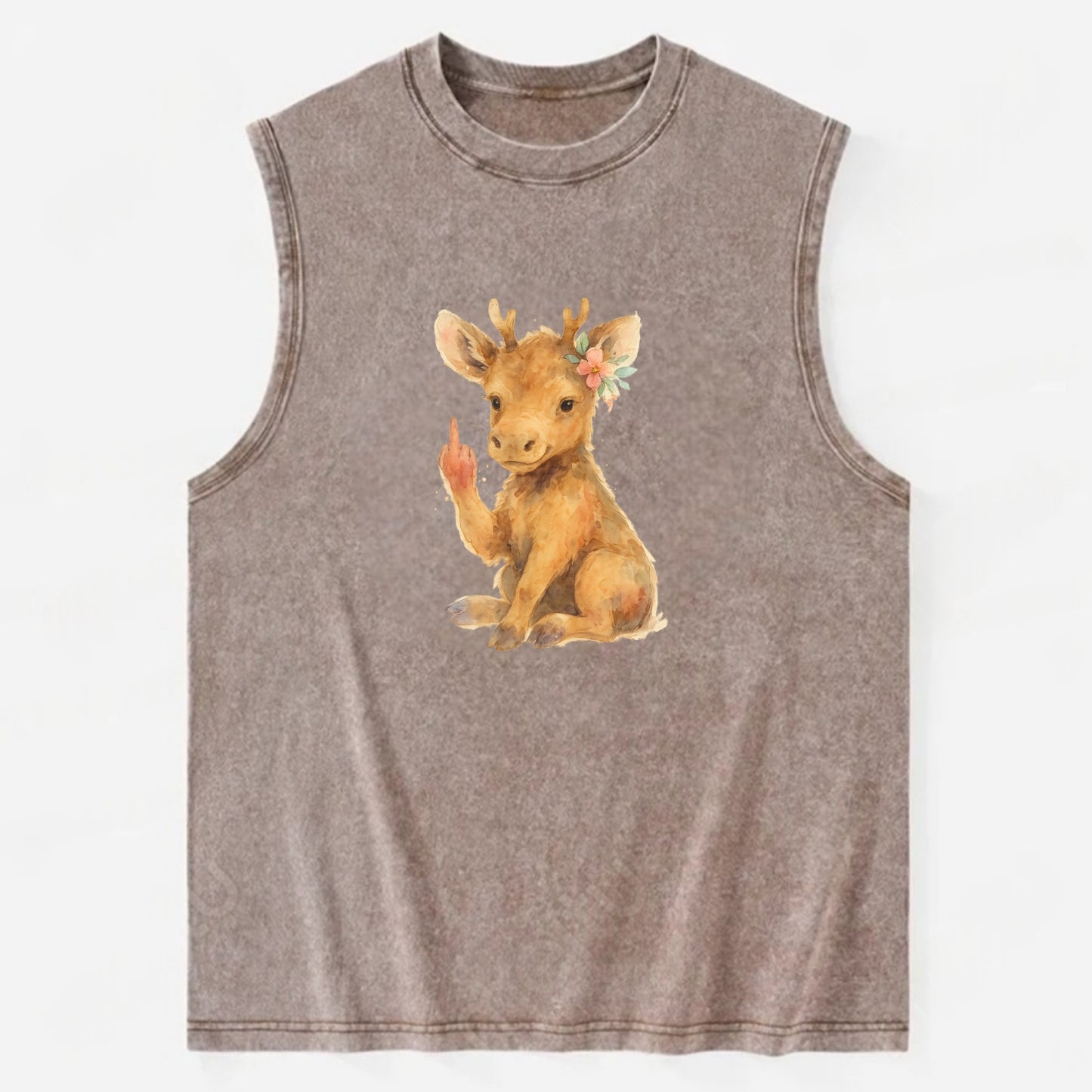 baby moose with adorable tiny antlers, one hoof raised in attitude - Vintage Washed Tank - Brown