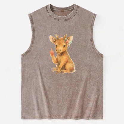 baby moose with adorable tiny antlers, one hoof raised in attitude - Vintage Washed Tank - Brown