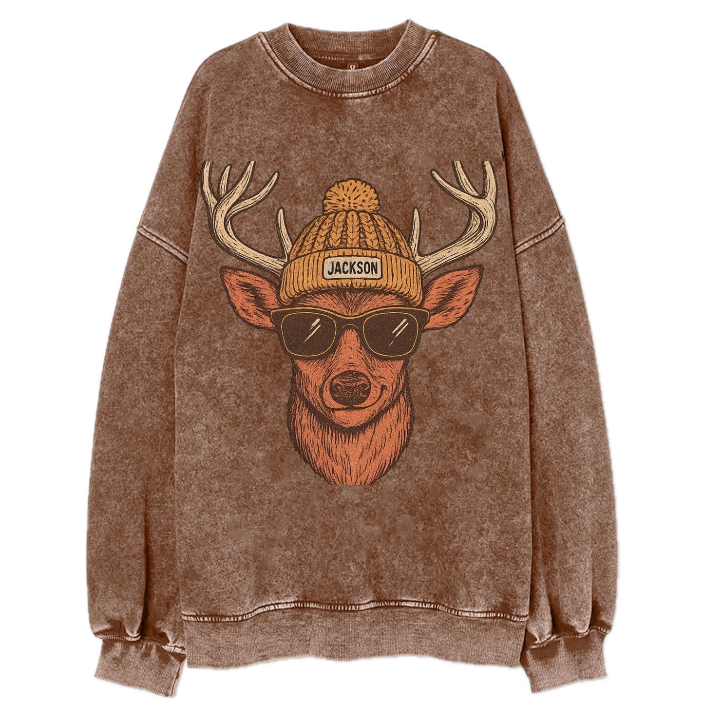 Mississippi White-tailed Deer wearing Jackson beanie with pom pom and wayfarer - Vintage Sweatshirt - Brown