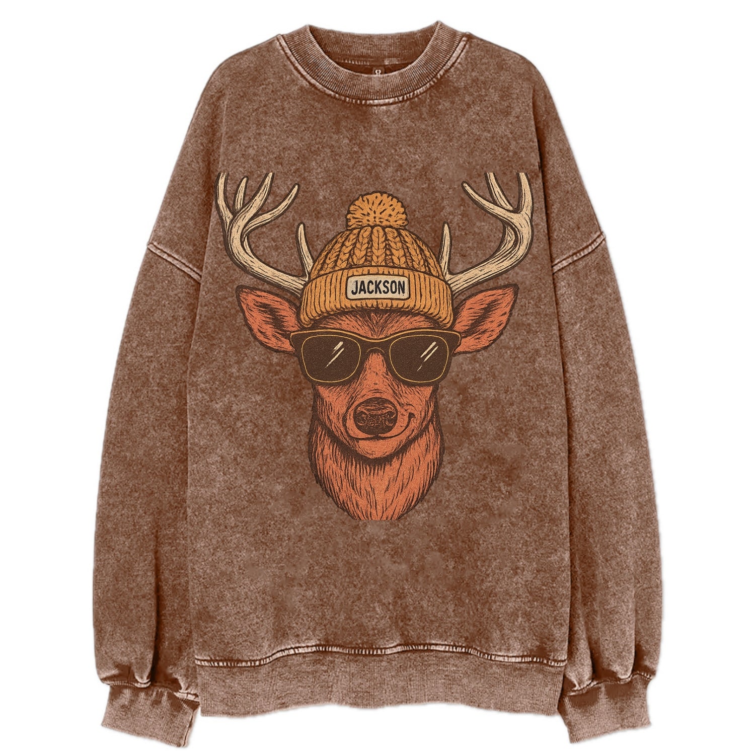 Mississippi White-tailed Deer wearing Jackson beanie with pom pom and wayfarer - Vintage Sweatshirt - Brown