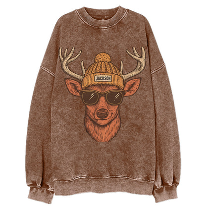 Mississippi White-tailed Deer wearing Jackson beanie with pom pom and wayfarer - Vintage Sweatshirt - Brown