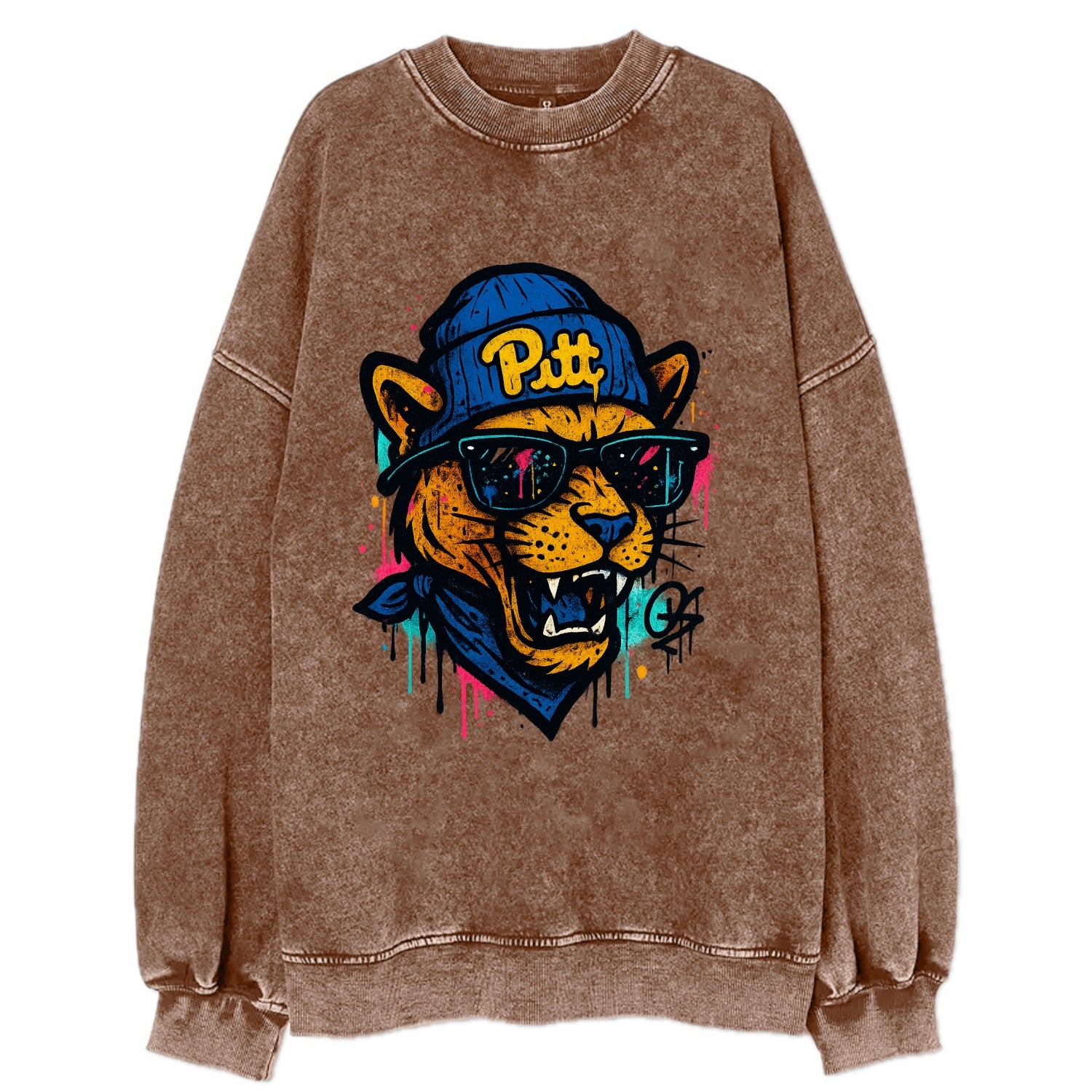 Pittsburgh Panther wearing Pitt beanie with script patch - Vintage Sweatshirt - Brown