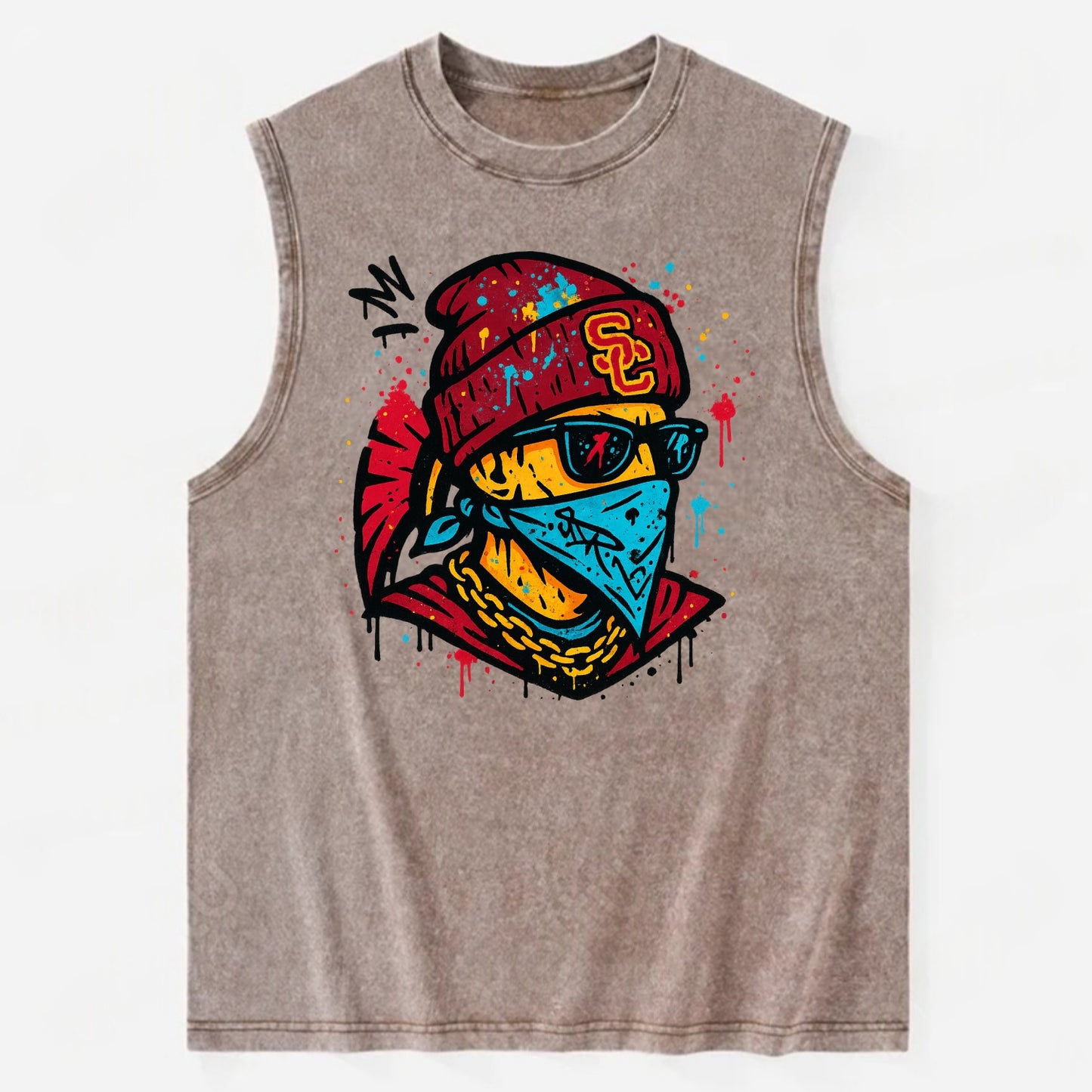 Los Angeles Trojan wearing USC beanie with SC patch - Vintage Washed Tank - Brown